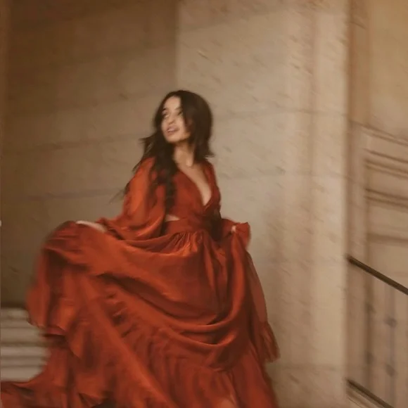 Mac Duggal Long Sleeve Cut Out Lace Up Tiered Chiffon Gown In Copper 67948 - Picture 4 of 8